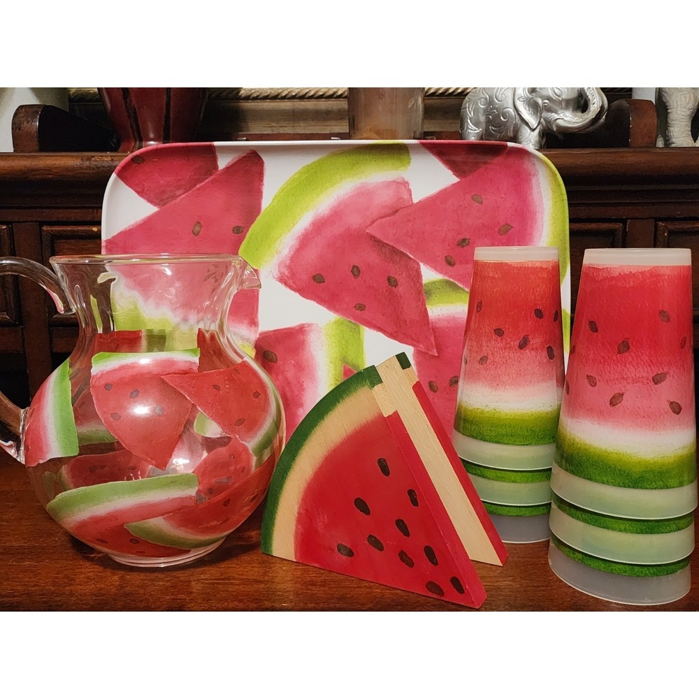 Summer Camping Picnic Watermelon Lemonade Set: Pitcher 6 Cups Tray & Napkin